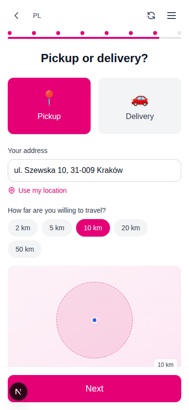 Pickup with travel radius