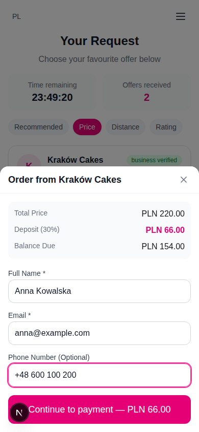 Order form with price breakdown and contact details
