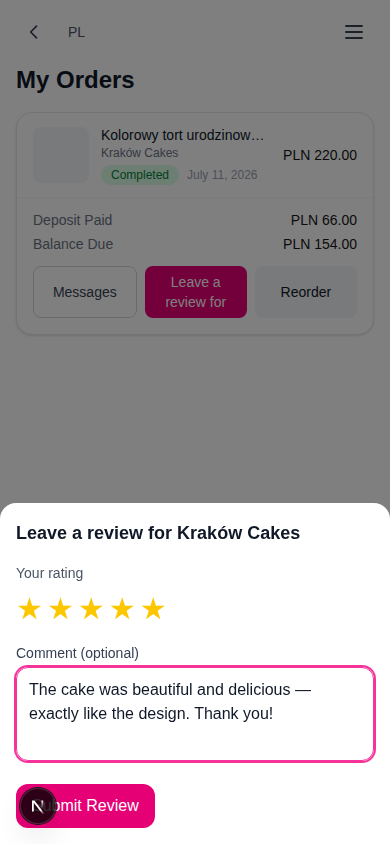 Review form with star rating and comment