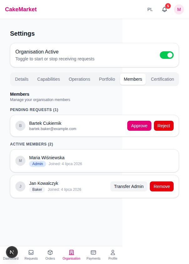 Members tab with a pending join request