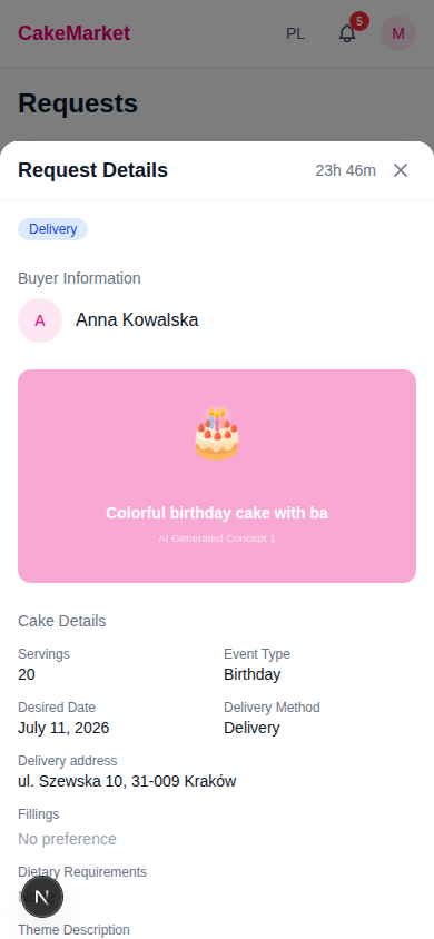 Request showing the sent offer