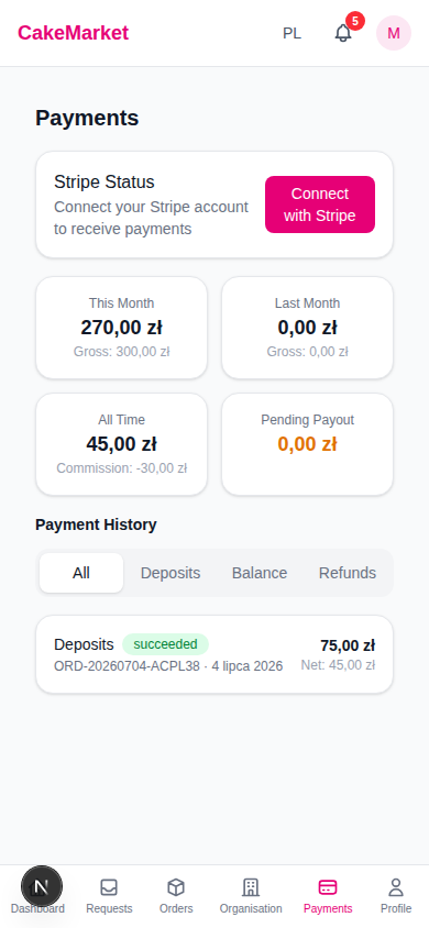 Payments page with earnings summary and Stripe Connect status