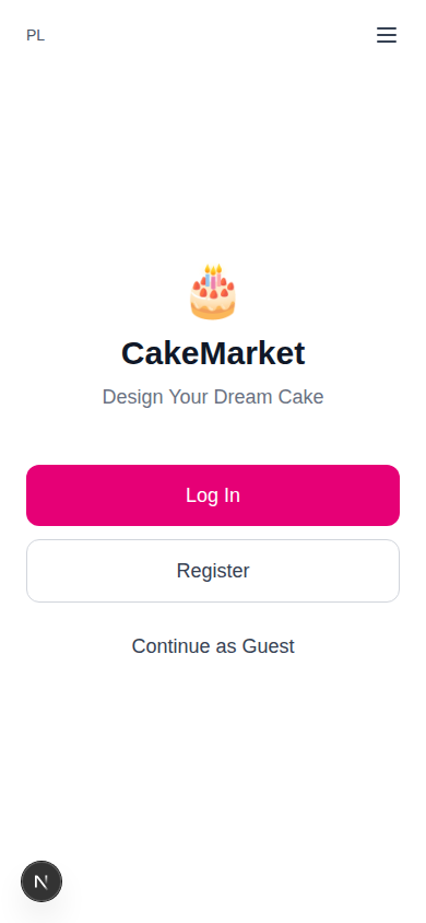 Welcome page with Log In, Register, and Continue as Guest buttons