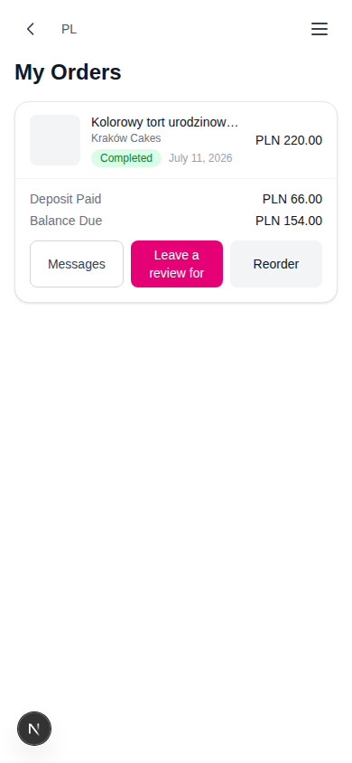 Completed order with review and reorder