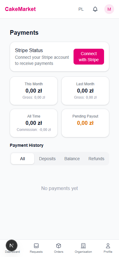 Strona płatności z podsumowaniem zarobków i statusem Stripe Connect
